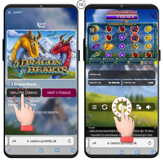 Fotonávod k automatu 5 Dragon Hearts na mobile – spustenie demo verzie, roztočenie valcov a ovládanie hry v online kasíne Synottip