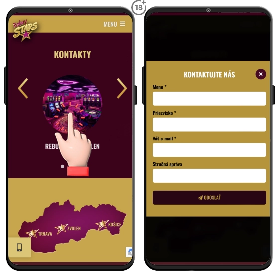 Kontaktný formulár a kontakty na pobočky Rebuy Stars Casino v mobilnej verzii.