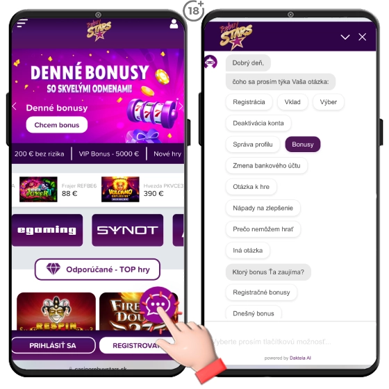 Rebuy Stars Casino live chat a chatbot zákazníckej podpory v mobilnej verzii.