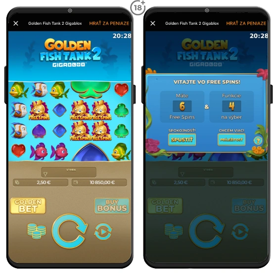 Mobilná verzia automatu Golden Fish Tank 2 Gigablox od Yggdrasil s ukážkou zisku bonusovej hry, kde sa hráčovi následne objaví vygenerovaný počet Free spins a bonusových funkcií.